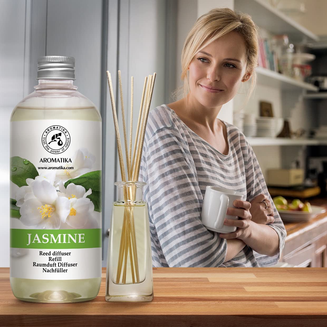 Jasmine Diffuser Refill w/Natural Essential Jasmine Oil 500ml - Best for Aromatherapy - Intensive - Fresh & Long Lasting Fragrance - Scented Reed Diffuser - Great Room Air Fresheners 500ml (Pack of 1)