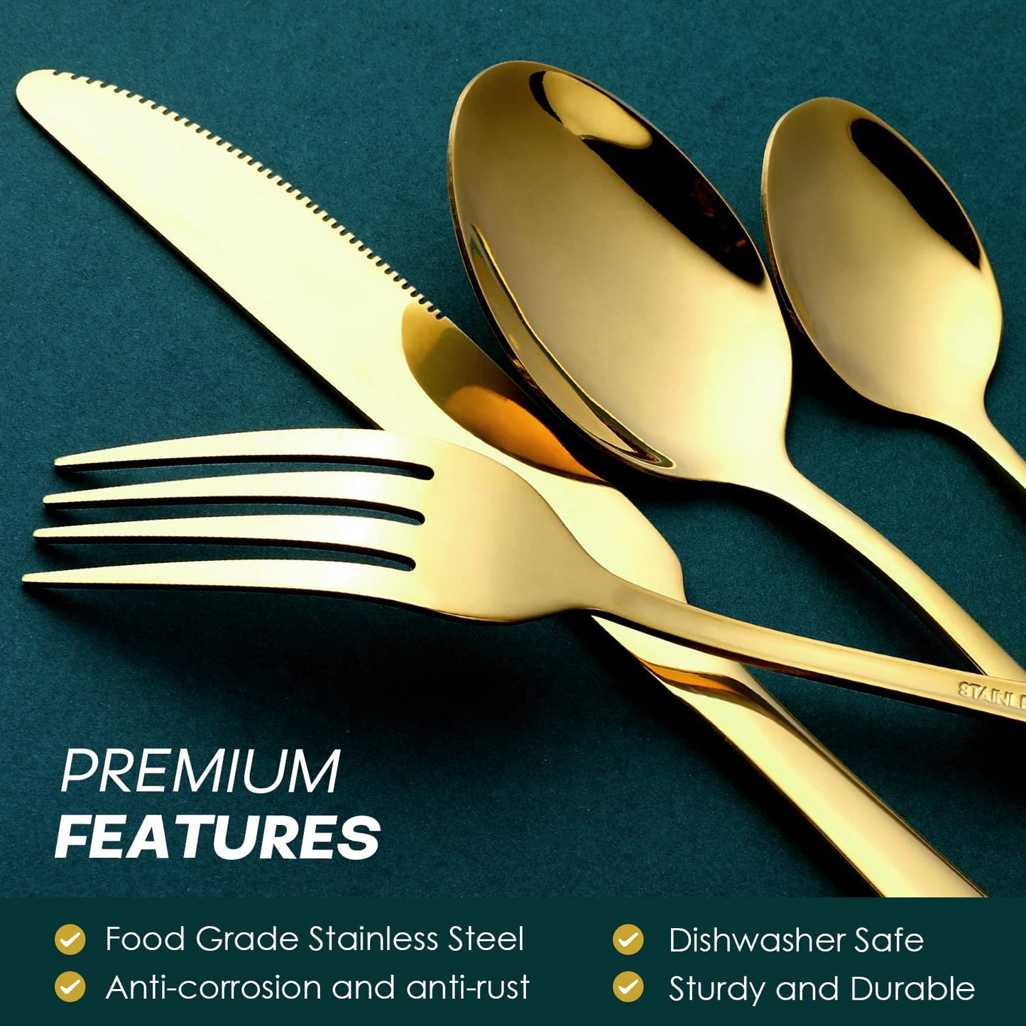 Gold Cutlery Set, OGORI 24-Piece Mirror Polished Gold Unique Wooden Box Design for Gift, Stainless Steel Flatware Set, Silverware Set with Spoon Knife and Fork Set, Service for 6 24-Piece for 6 Gold-wooden Box