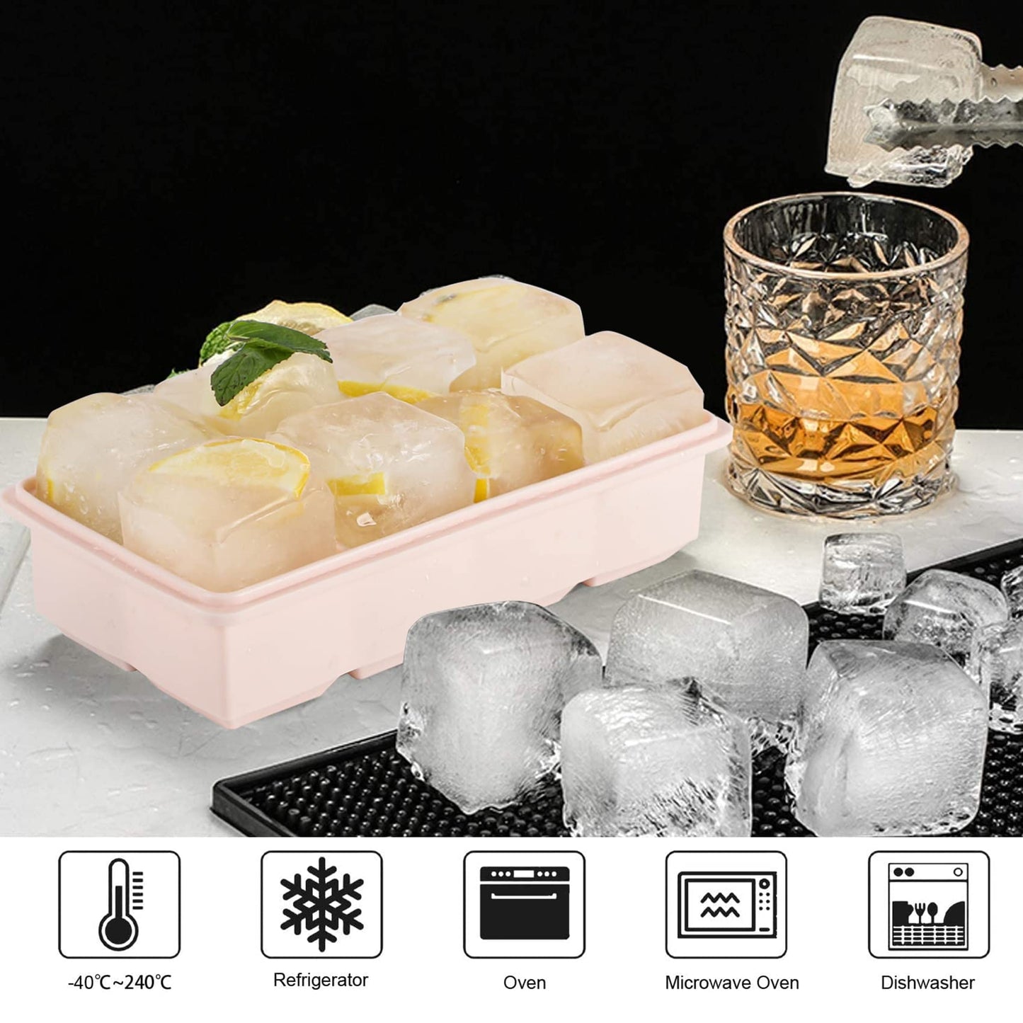 LessMo Ice Cube Tray, 2 Pack XXL Silicone Large 2 Inch Ice Cube Molds with Lids, for Whiskey, Cocktails & Wine (Green and Pink) Pink-green