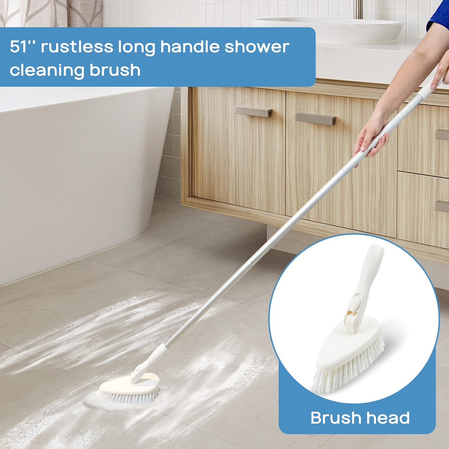 Qaestfy Shower Cleaning Brush and Scrubber Scourer Combo with 51'' Detachable Long Handle Tub and Tile Shower Bathroom Cleaner Scrubber Brush Cleaning Tools for Shower Bath Bathtub Tub Cleaning White