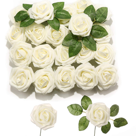 PartyWoo Artificial Flowers, 20 pcs Artificial Roses with Stems, Fake Flowers, Foam Flowers, Ivory White Roses Artificial Flowers, Valentines Day Decor, Valentines Day Decorations Ivory-1140