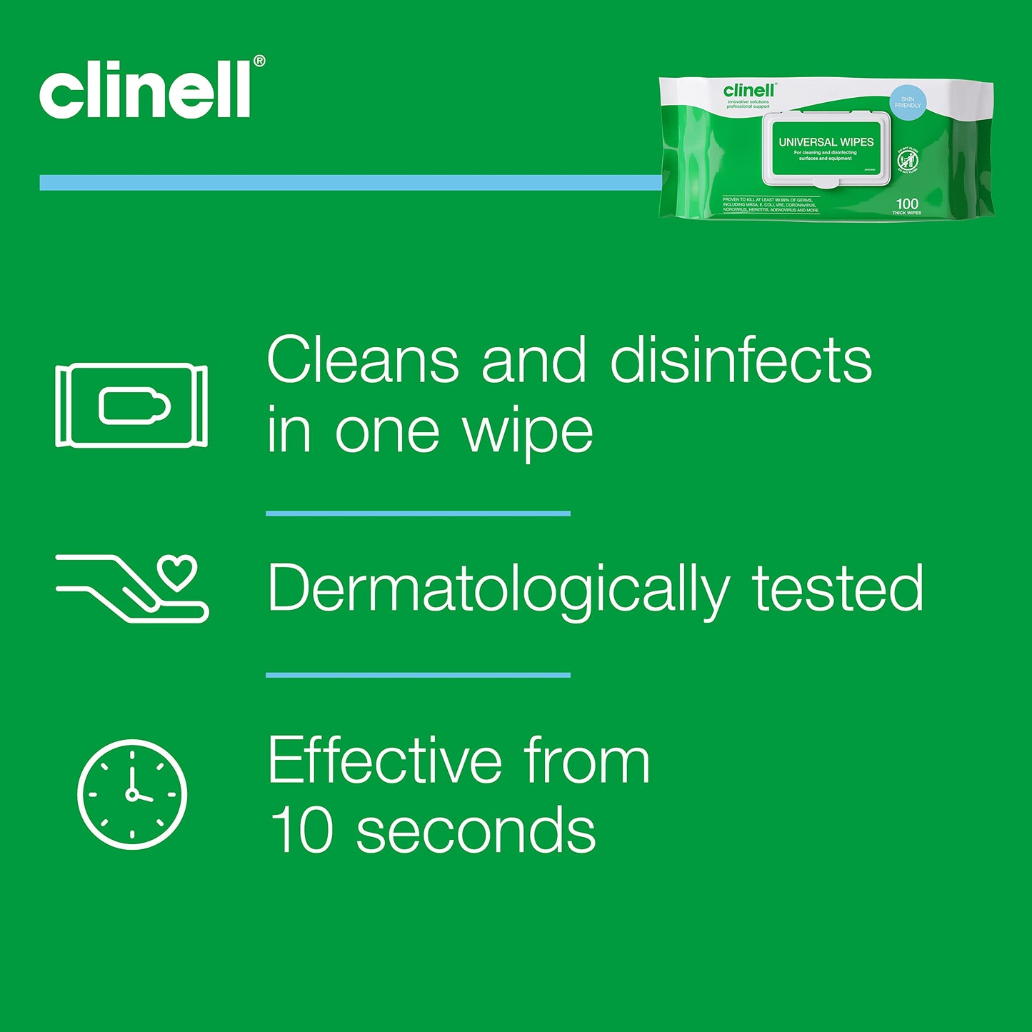 Clinell Universal Cleaning and Disinfectant Wipes for Surfaces - Pack of 100 Thick Wipes - Multi Purpose Wipes, Kills 99.99% of Germs, Quick Action - 255mm x 175mm 1 Pack (100 Wipes) Disinfectant Wipes, Pack of 100