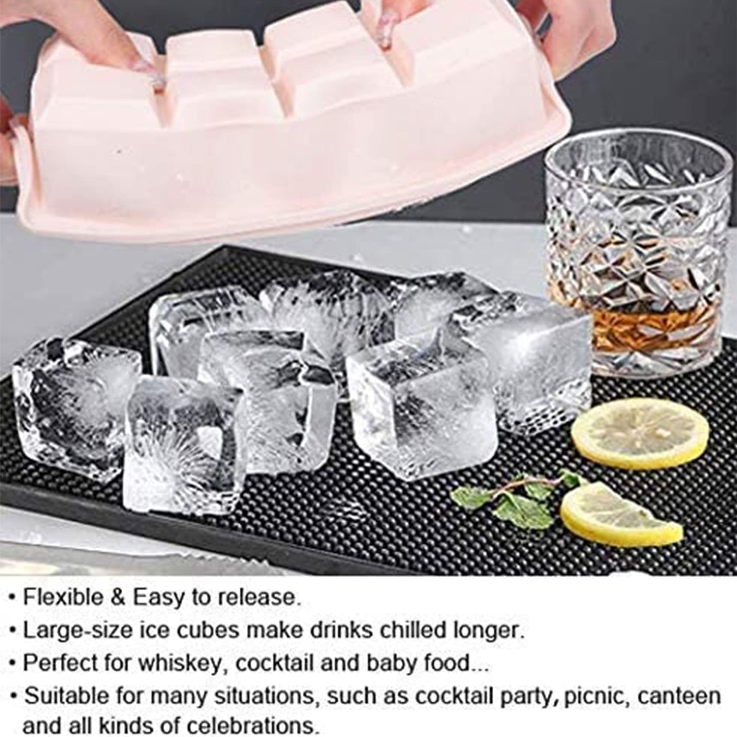 LessMo Ice Cube Tray, 2 Pack XXL Silicone Large 2 Inch Ice Cube Molds with Lids, for Whiskey, Cocktails & Wine (Green and Pink) Pink-green