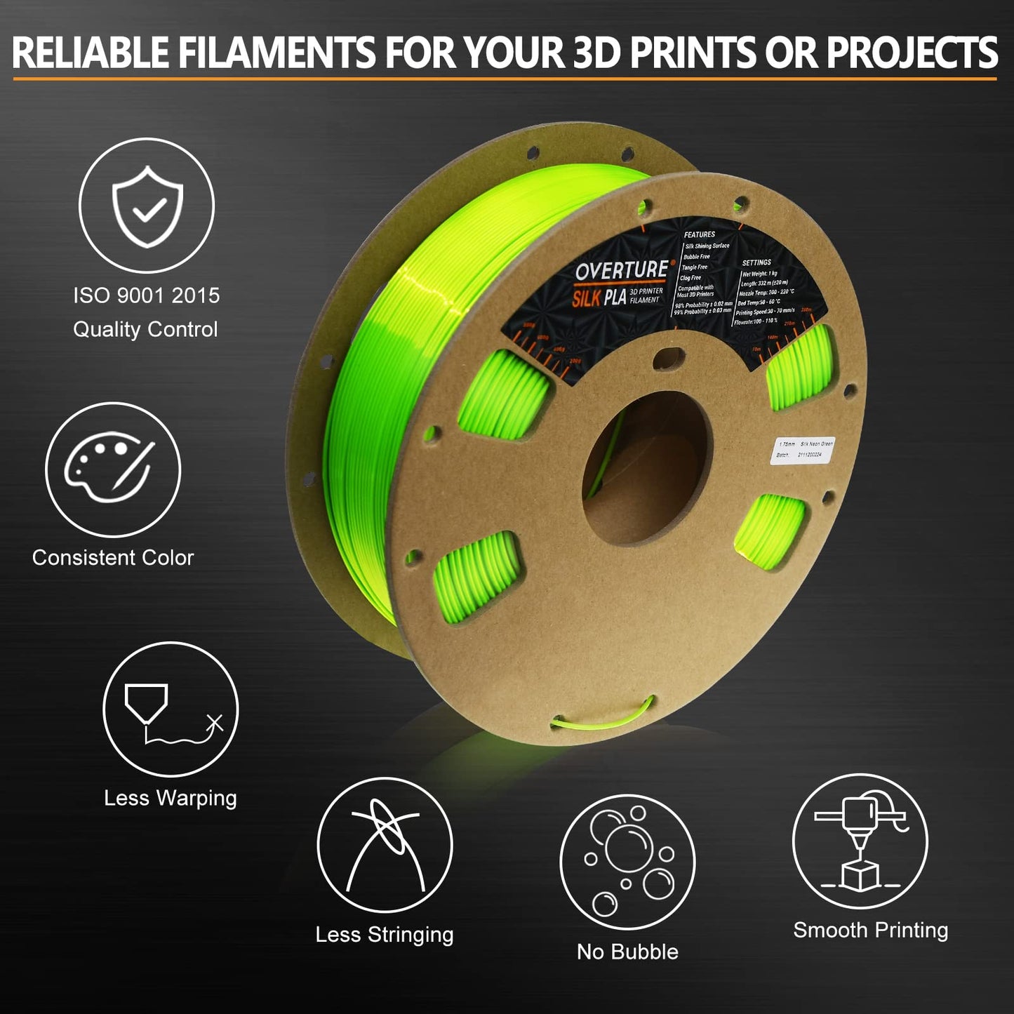 OVERTURE Silk PLA Filament PLA Silk 1.75mm Clog-Free Shiny 3D Printer Consumables, 1kg Spool (2.2lbs),Dimensional Accuracy +/- 0.05mm(Silk Neon Green) Silk Neon Green