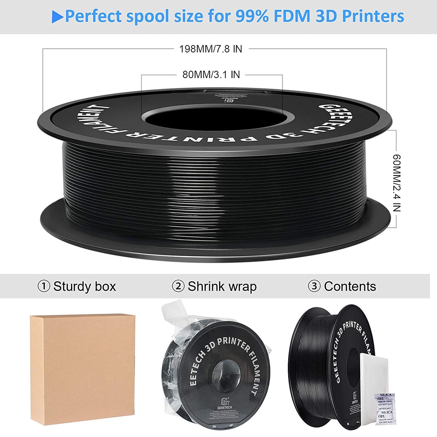 PLA Filament 1.75mm Black, GEEETECH New 3D Printing Filament PLA for 3D Printer and 3D Pen, 1kg 1 Spool A-Black