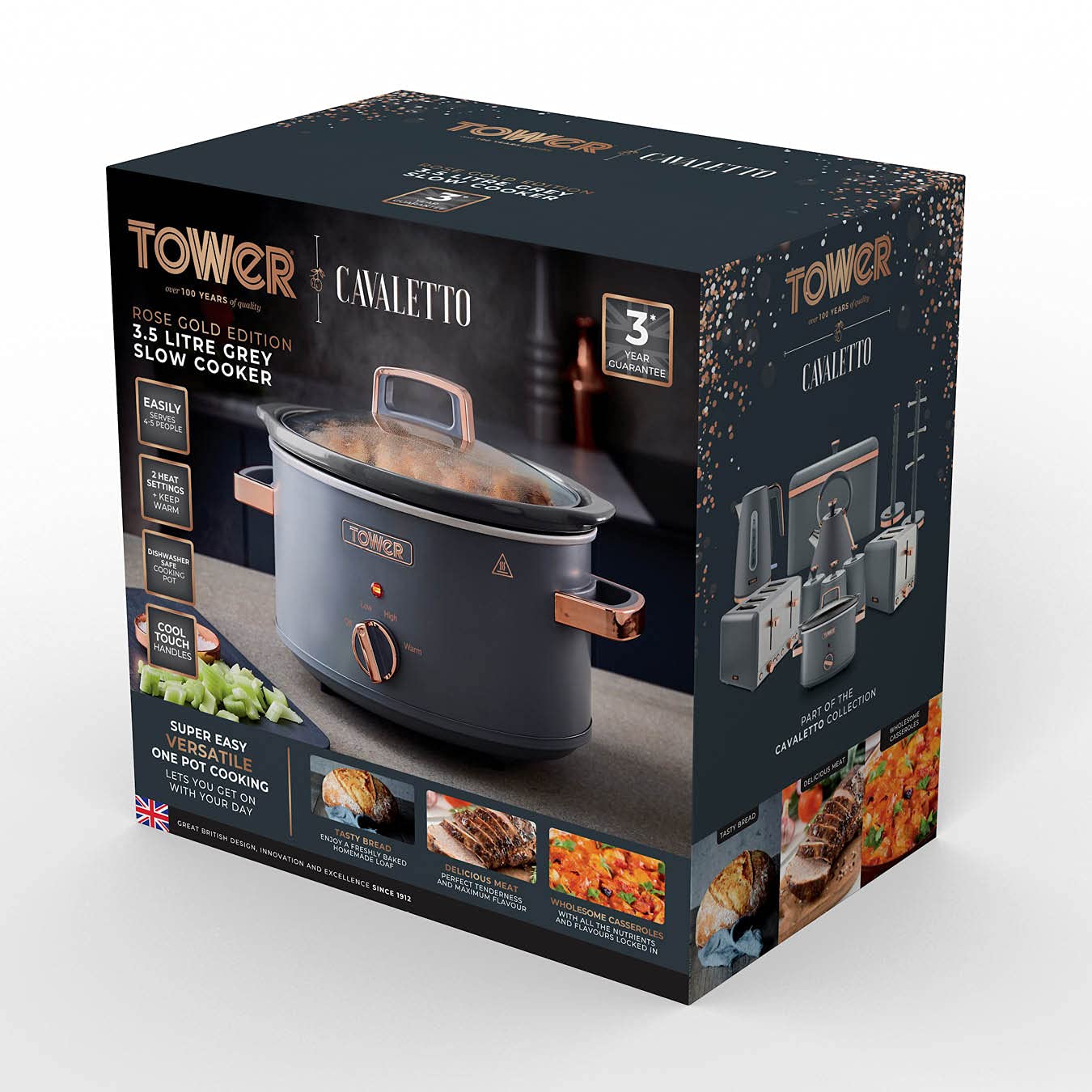 Tower T16042GRY Cavaletto 3,5 Litre Slow Cooker with 3 Heat Settings, Cool Touch Handles, 210W, Grey and Rose Gold 3.5L