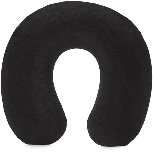 Amazon Basics Memory Foam Travel Neck Pillow with Removable Cover and Elastic Carrying Strap, Black, Semicircular