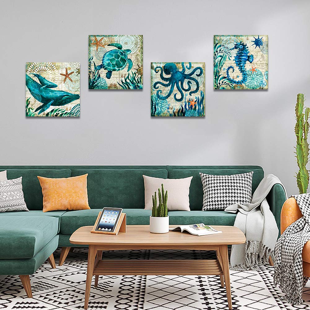 Artscope 4 Pieces Wall Art Canvas Prints - Blue Ocean Creature Whale Octopus Sea Turtle Seahorse Picture Painting- Modern Wall Artwork Framed for Bathroom Home Office Decor - 30 x 30 CM