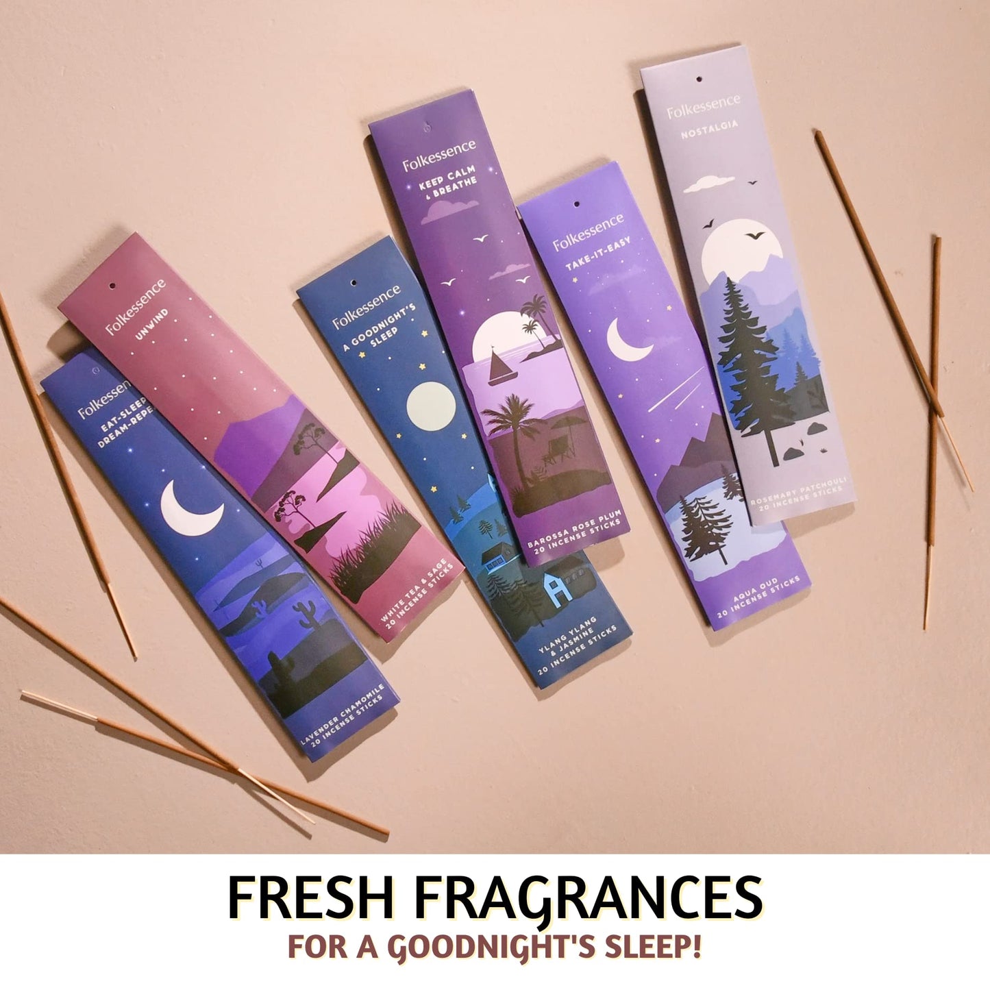 Folkulture Incense Sticks - Set of 6 Insenses (120 Sticks) - Rosemary, Pathcouli, Jasmine, Aqua Oud, Lavender, Sage Incense Sticks Variety Pack - Farmhouse Gift Set, Natural and Non Toxic (Sleep) Sleep Pack of 6 (120 Sticks)