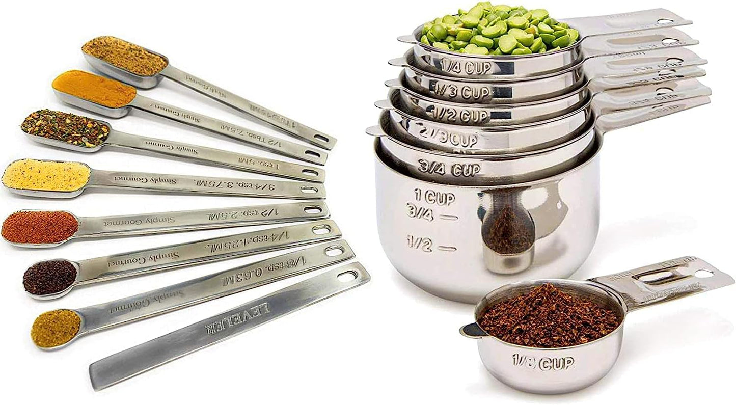 Simply Gourmet Measuring Cups and Spoons - Set of 15pc, Heavy-Duty, Stainless-Steel Measuring Spoons and Measuring Cups for Baking & Cooking - Dishwasher-Safe Kitchen Accessories 15 Piece Set