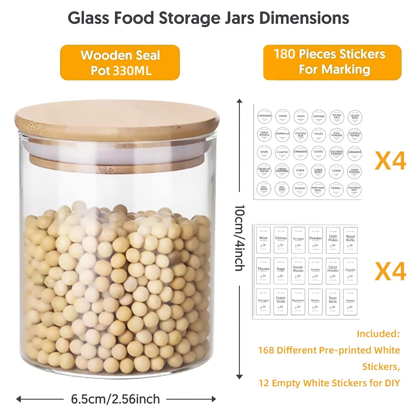 Yibaodan Glass Jars Set 330ml with 180 White Labels, 12 Set Spice Jars with Bamboo Lids Airtight Small Food Storage Canister for Home Kitchen Tea Herbs Coffee Flour Herbs Grains 12Pack with White Labels