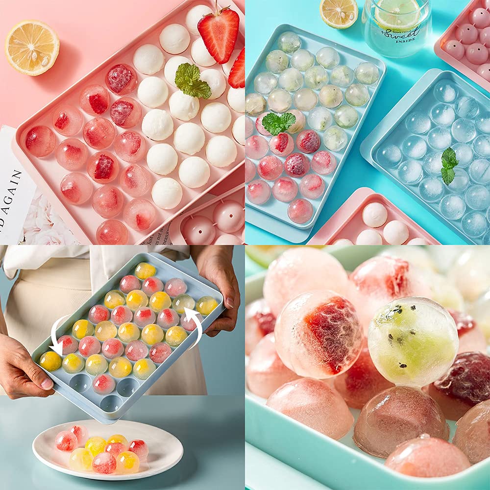 Round Ice Cube Tray with Lid Ice Ball Maker Mold for Freezer with Container Mini Circle Ice Cube Tray Making 66PCS Sphere Ice Chilling Cocktail Whiskey Tea Coffee(2 Pink Trays 1 ice Bucket & Scoop)