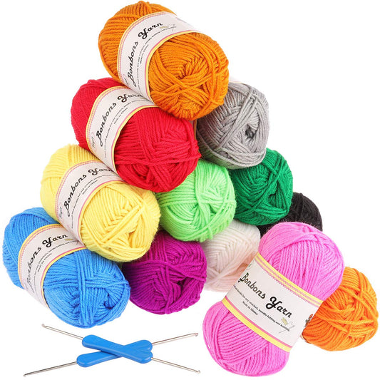 Fuyit Double Knitting Yarn 12x50g 100% Acrylic with 2 Crochet Hooks 1200 Meters Balls of Assorted DK Yarn Set Colourful Chunky