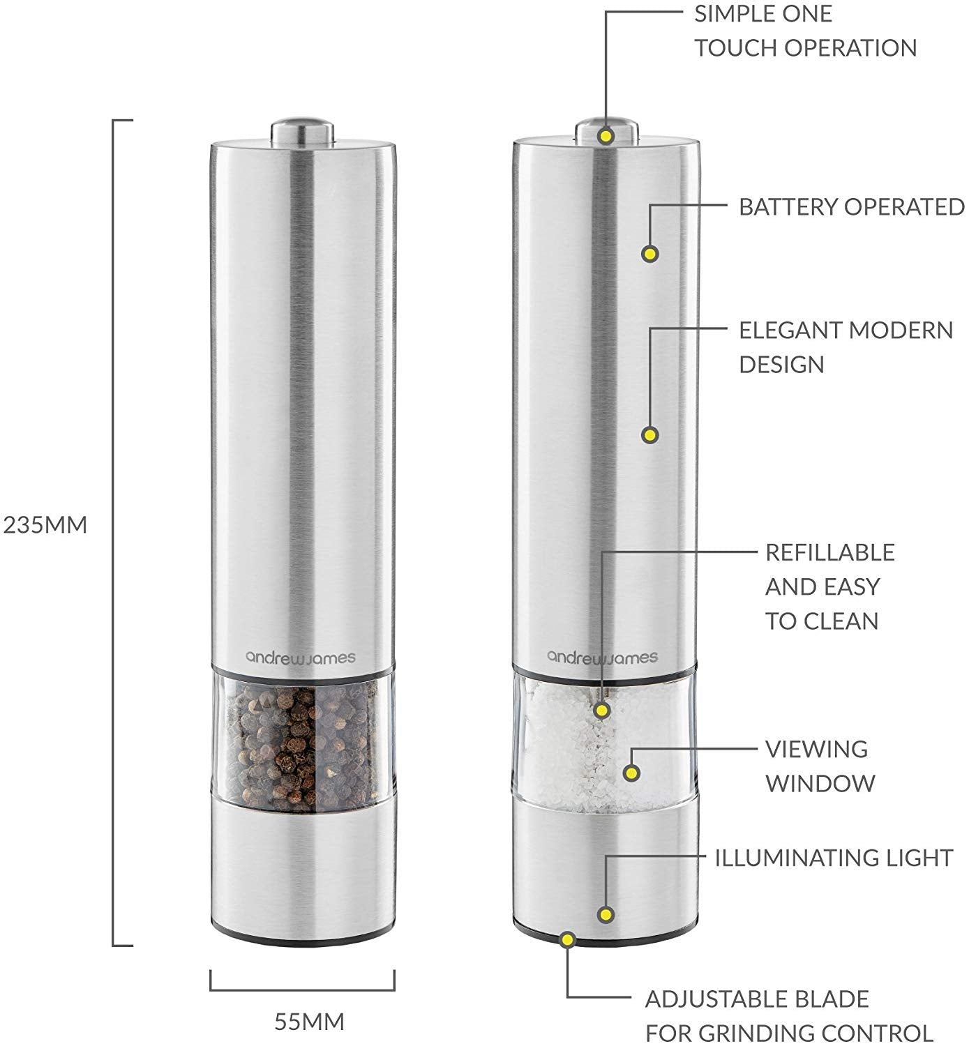 Andrew James Salt and Pepper Mills Electric Grinder Set | Illuminated Dispensing Adjustable Coarseness from Ceramic Blades | One Touch Operation | Battery Powered | 23cm x 5.5cm (Silver) Silver