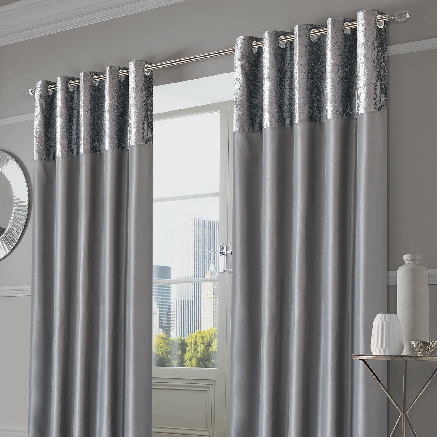 Sienna PAIR of Crushed Velvet Band Curtains Fully Lined Eyelet Ring Top Faux Silk Window Treatment Panels - Silver Grey, Width 66" x Drop 72" 66" wide x 72" drop Manhattan Silver Grey