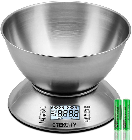 Etekcity Electronic Kitchen Scales with Stainless Steel Mixing Bowl, Timer and Temperature Sensor, Digital Wet and Dry Food Weighing Scale for Cooking and Baking-11lb/5kg bowl scale