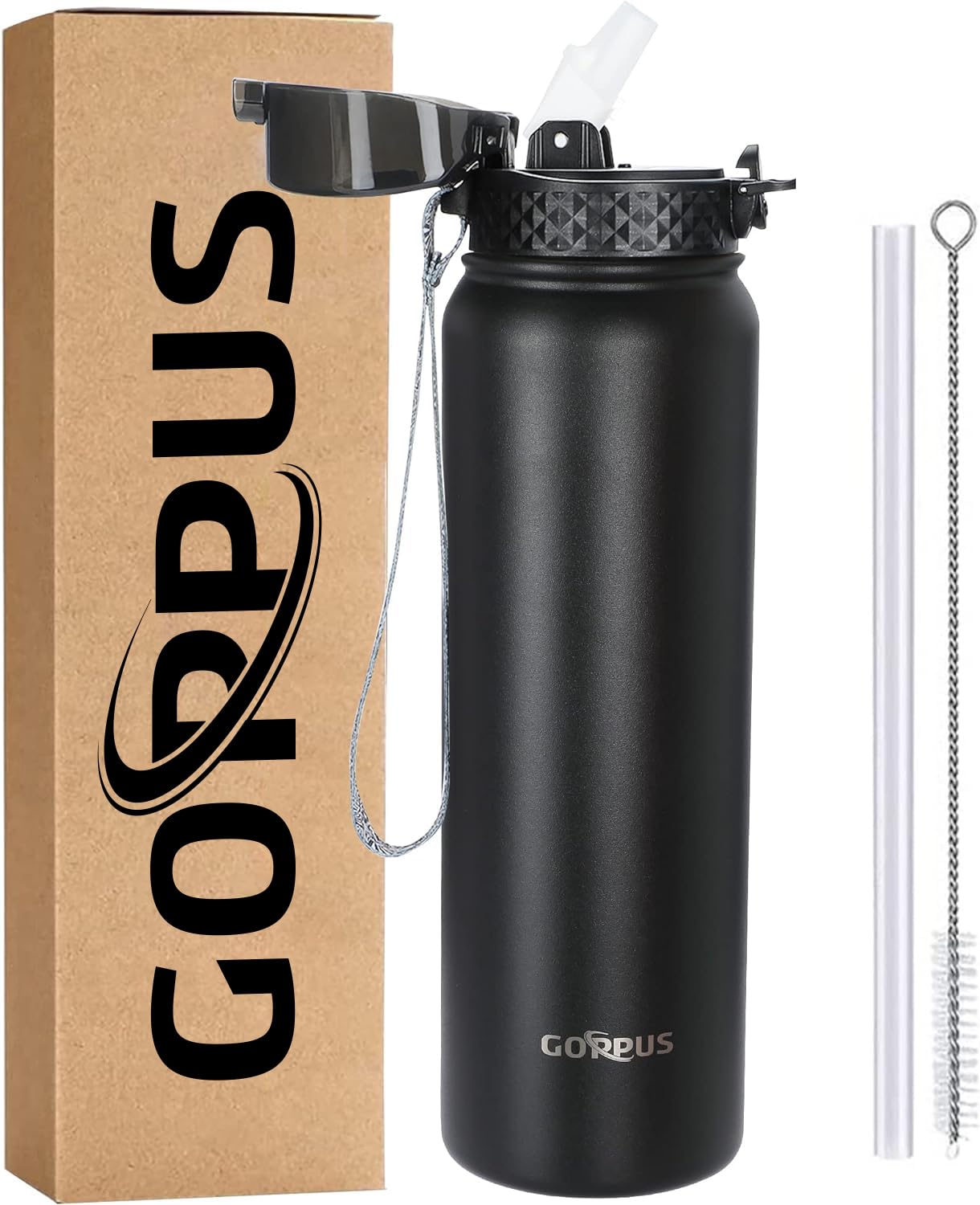 GOPPUS 1L/32oz Stainless Water Bottle with Straw 1 Litre Hot Thermal Water Flask Double Wall Steel Water Bottles Insulated Water Bottles Leakproof Cold Water Bottle Adult Black 1000ml/32oz-1 Lid