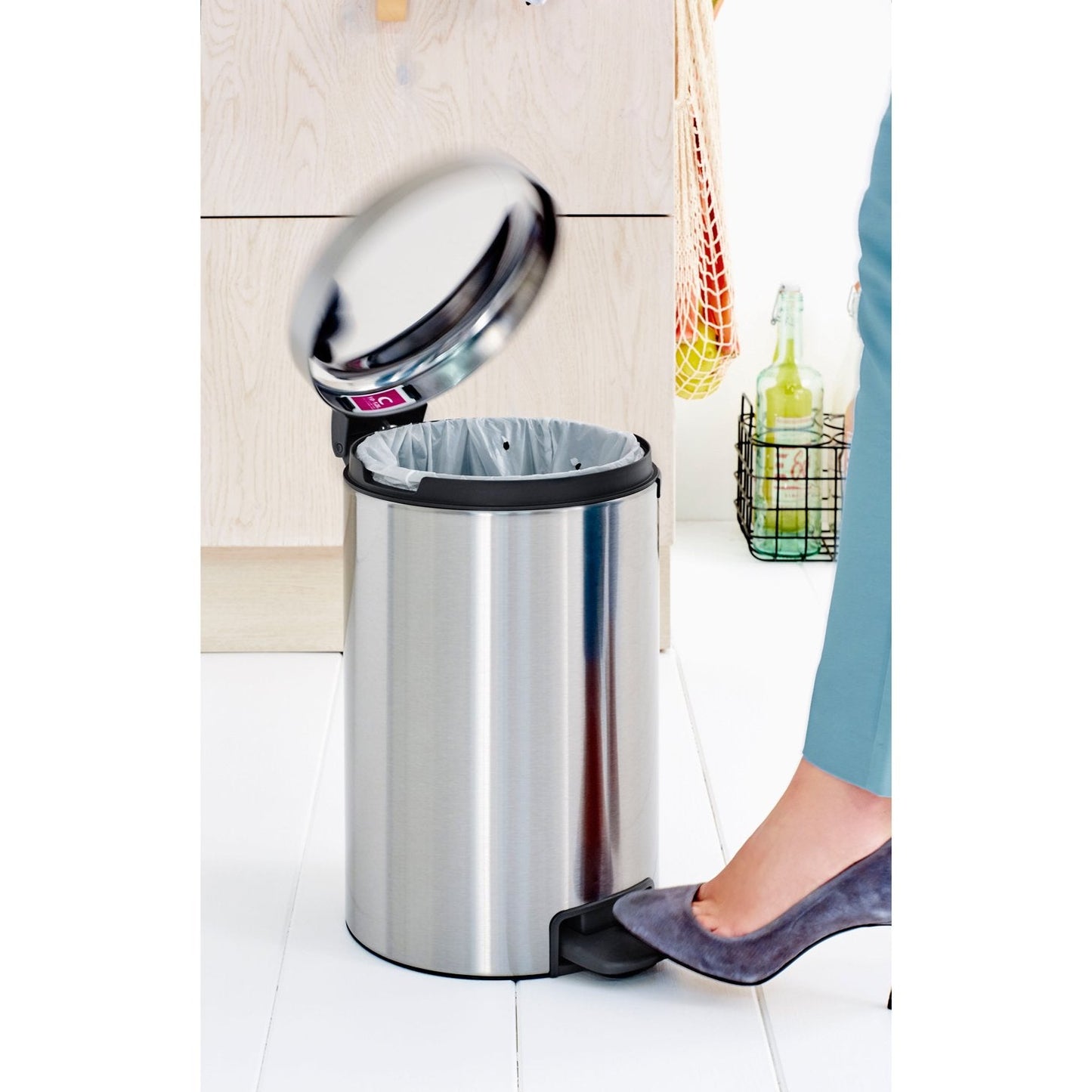 Brabantia NewIcon Pedal Bin 12L, Soft-Closure Rubbish Waste Bin, Removable Inner Bucket + Free Bin Bags, Brilliant Steel 12 Litre