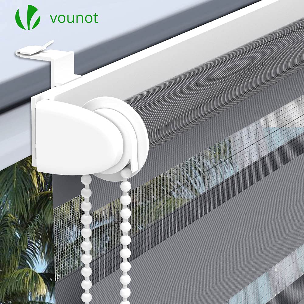 VOUNOT Day and Night Zebra Roller Blind with Clips 90 x 150 cm, Double Fabric Translucent or Blackout Vision Curtains for Window and Door, No Drilling, Grey 90x150cm Grey X 1