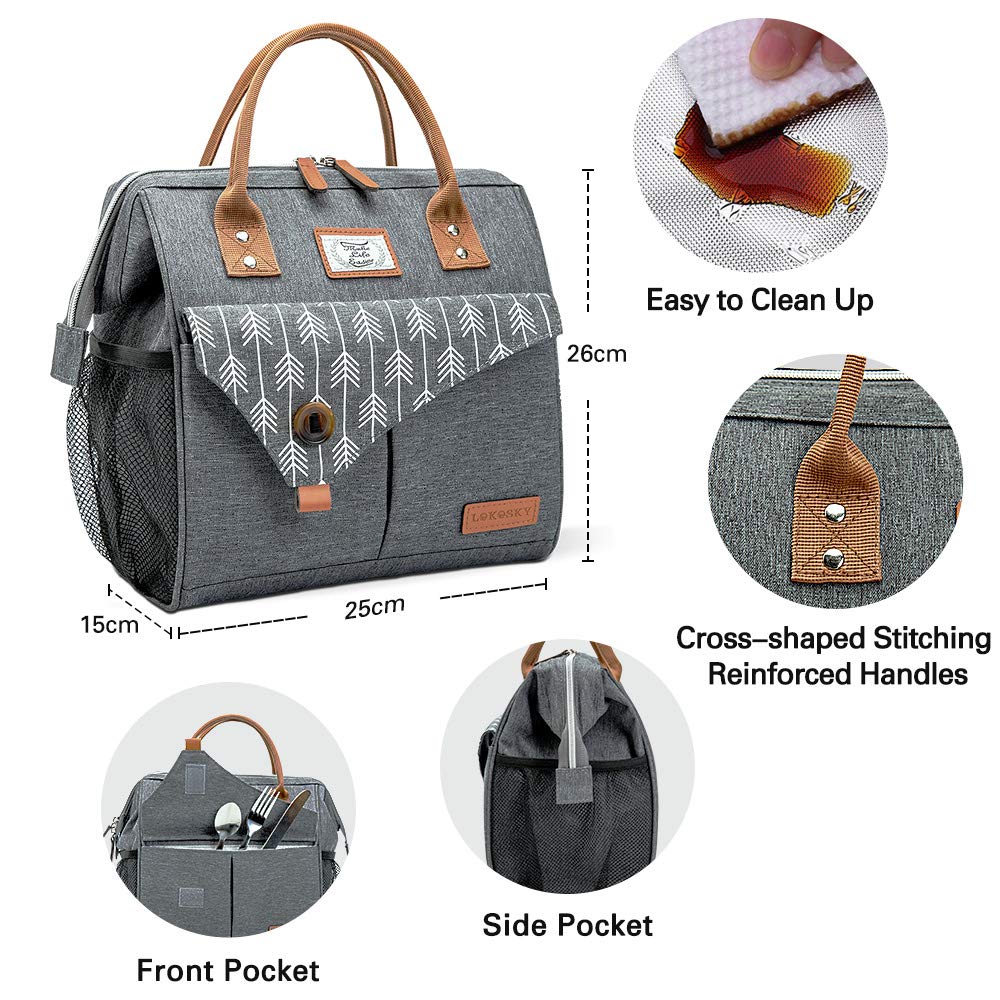 Lekesky 10L Insulated Lunch Bag for Women for Work Lunch Tote, Grey 10 L A-arrow-grey