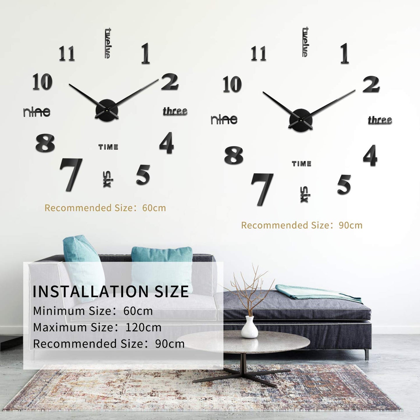 SOLEDI Wall Clock Frameless DIY 3D Wall Clock Large Wall Clocks for Living Room Modern Stick on Wall Clock, Black