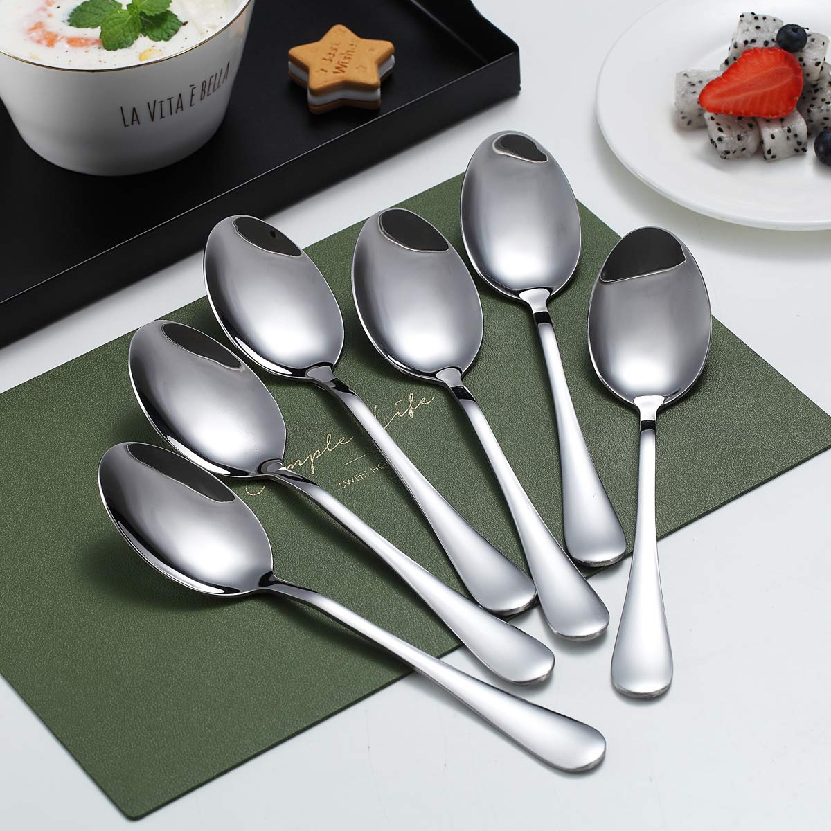 Dinner Spoons, Kyraton 6 Pieces 19cm Stainless Steel Table Spoon, Soup Spoons, Dessert Spoons Sliverware Dishwasher Safe Set of 6 1. 6 Pieces Silver