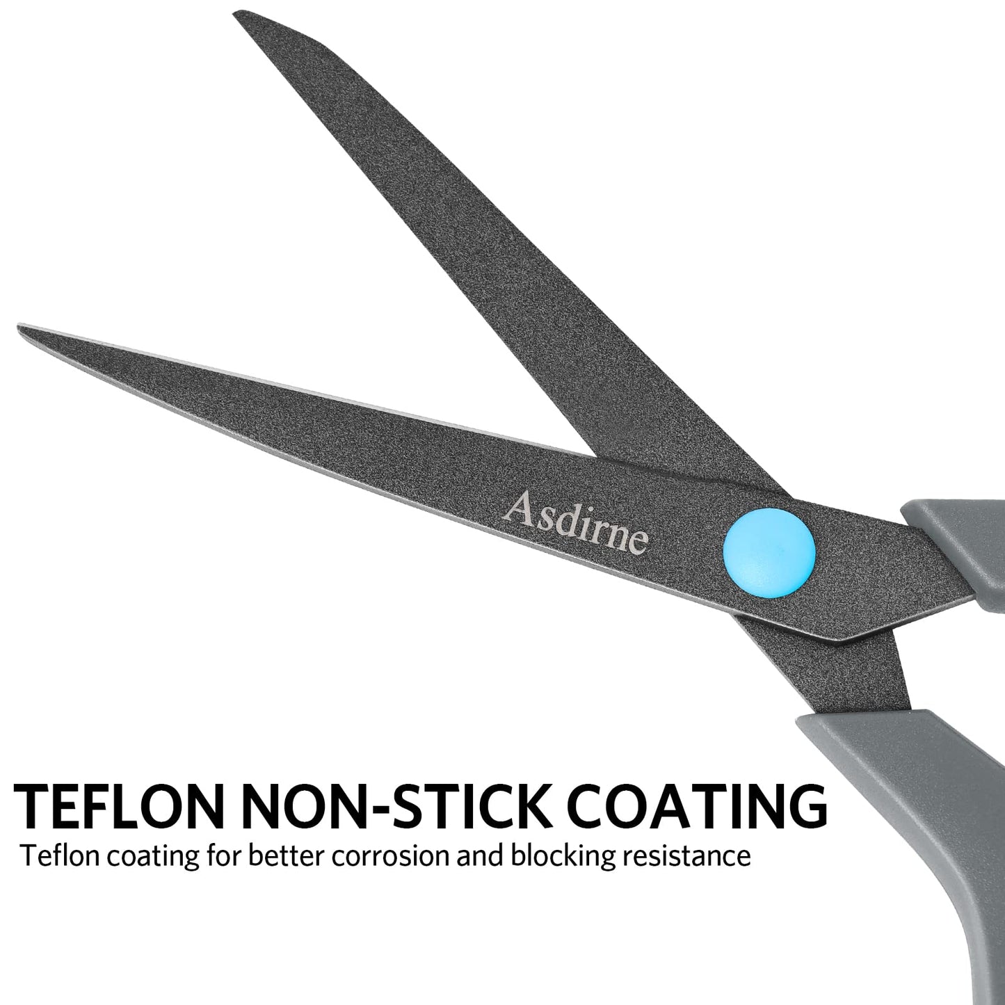 Asdirne Teflon Coating Scissors Set of 4, Non-Stick Scissors All Purpose, Premium Stainless Steel Razor Blades, Ergonomic Semi-Soft Rubber Grip, 10/''/8.5/''/6/''/5/'', Blue&Gray,(A4F) 4 Pack-teflon Coating