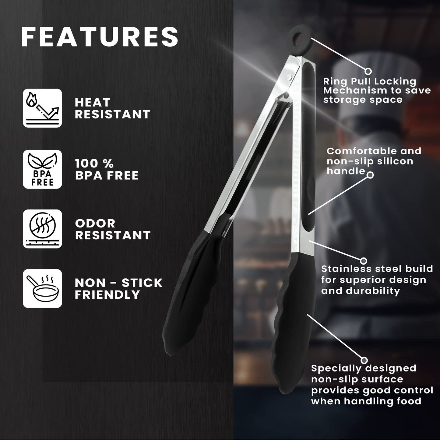 Kitchen Silicone Tongs 9 Inches | Stainless Steel Handle with Easy Grip and Smart Padlock System | Curved Silicone Tip for Strong Grip | Handy Tong for BBQ, Serving, Frying, and Cookin (Black). Black