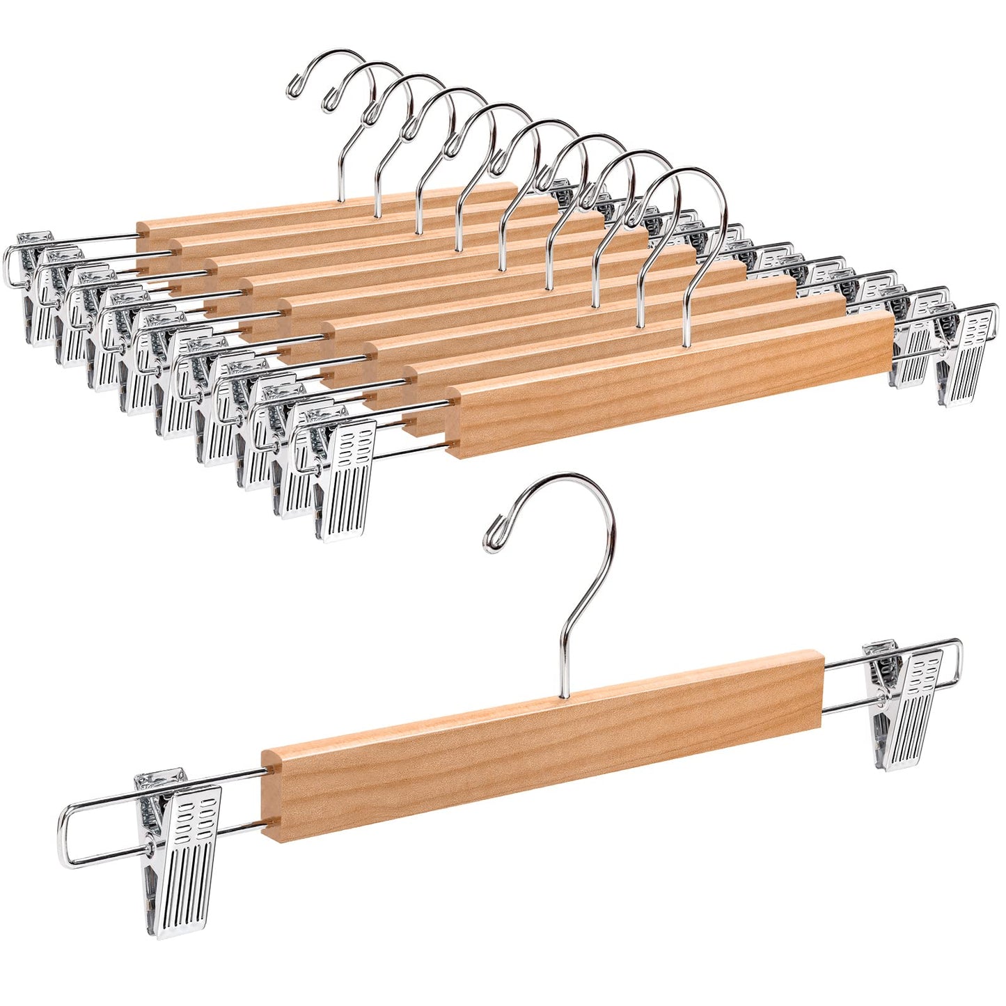 Amber Home 36cm Natural Wooden Pants Hangers 10pcs, Smooth Wood Skirt Hanger Organizer with Adjustable Anti-Slip Chrome Clips, Space Saving Solid Clothes Hangers Rack for Bottoms Jeans Slacks Trousers Natural 10