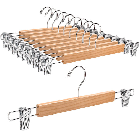 Amber Home 36cm Natural Wooden Pants Hangers 10pcs, Smooth Wood Skirt Hanger Organizer with Adjustable Anti-Slip Chrome Clips, Space Saving Solid Clothes Hangers Rack for Bottoms Jeans Slacks Trousers Natural 10