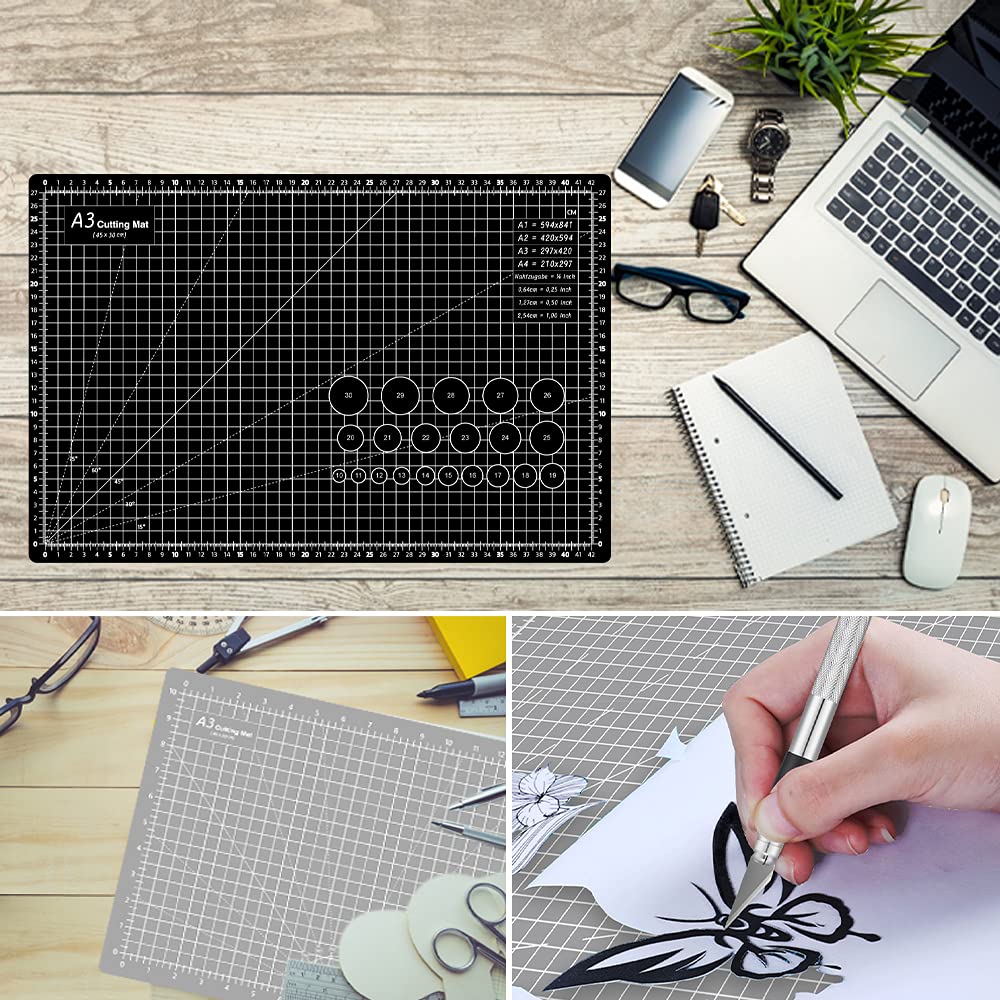 Headley Tools 12 x 18 Inch Thickened Self Healing Cutting Mat, A3 Rotary Cutting Sewing Mat for Crafts, Double Sided 5-Ply Cutting Board for Fabric Leather Modeling Hobby Project, Black/Grey A3: 30×45 cm