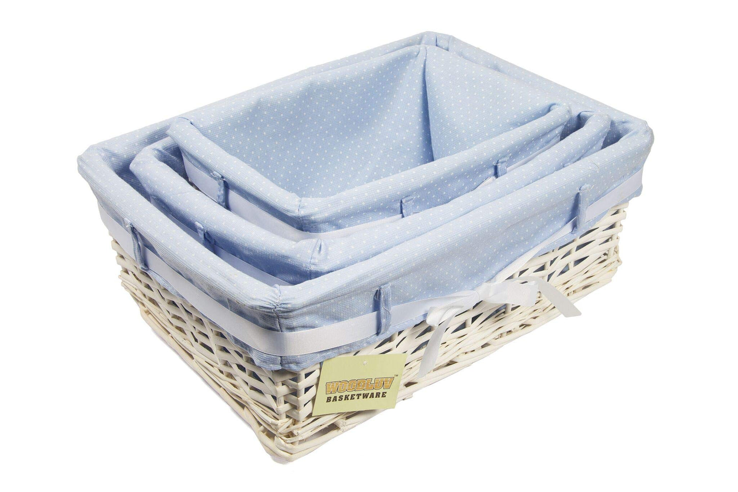 Woodluv Rectangular White Willow Wicker Hamper Storage Basket-With Blue Fabric & Ribbon (Gift Hamper Basket) -Medium Medium