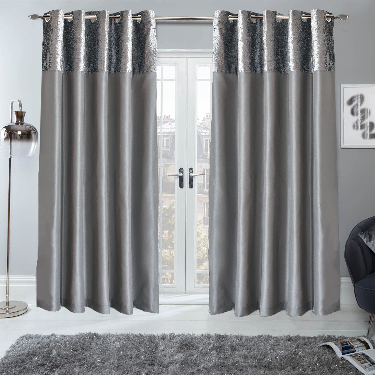 Sienna PAIR of Crushed Velvet Band Curtains Fully Lined Eyelet Ring Top Faux Silk Window Treatment Panels - Silver Grey, Width 66" x Drop 72" 66" wide x 72" drop Manhattan Silver Grey