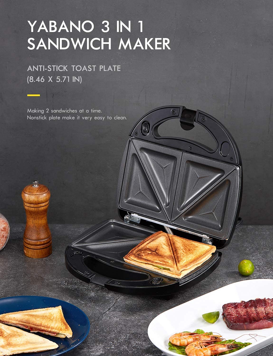 Yabano Sandwiches Toaster 3 in 1 Toastie Makers Waffle Maker Machine & Panini Maker Grill with Detachable Non-Stick Plates, LED Indicator Lights, Cool Touch Handle, Dishwasher Safe, 800W