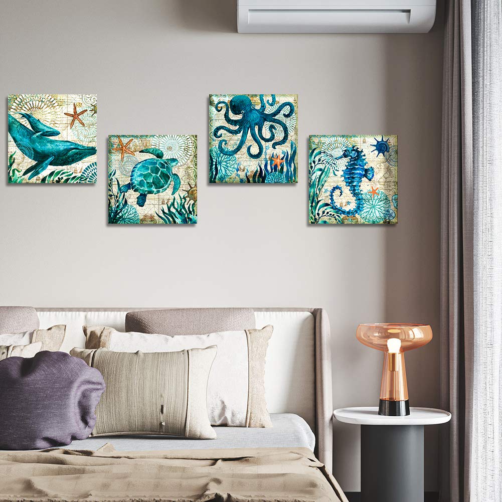 Artscope 4 Pieces Wall Art Canvas Prints - Blue Ocean Creature Whale Octopus Sea Turtle Seahorse Picture Painting- Modern Wall Artwork Framed for Bathroom Home Office Decor - 30 x 30 CM