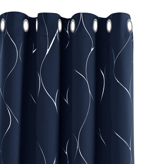 Deconovo Eyelet Blackout Curtains, Thermal Insulated Silver Wave Line Foil Printed Curtains for Bedroom, 46 x 72 Inch(Width x Length), Navy Blue, one pair W46 x L72