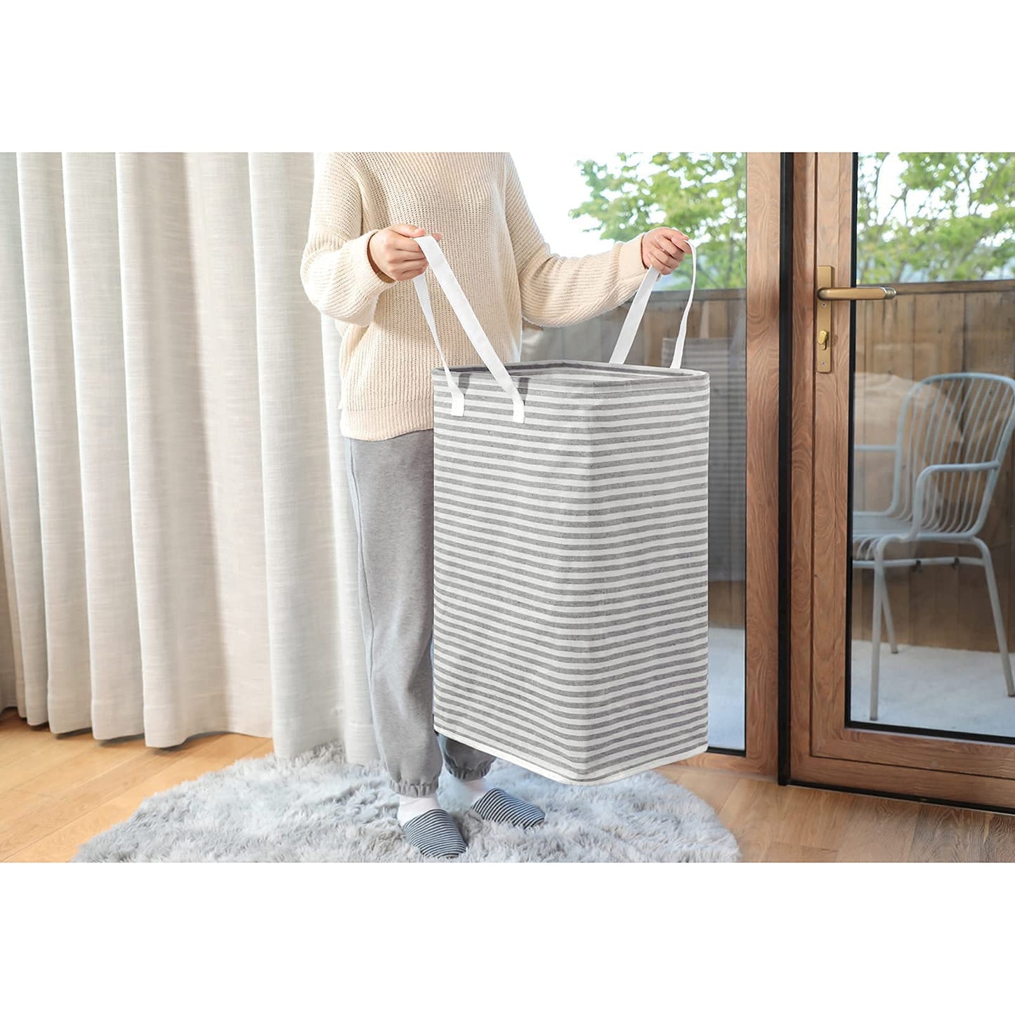 DOKEHOM 80L Freestanding Laundry Hamper with Handle, Collapsible Large Cotton Storage Basket for Clothes (Grey) Grey