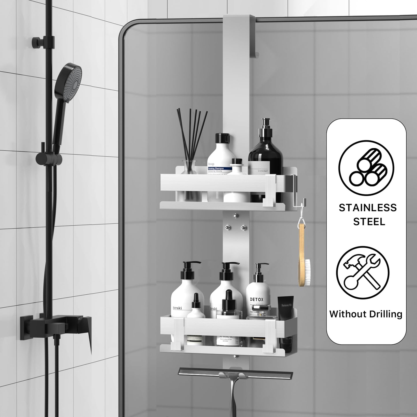 Cooeco Shower Caddy Hanging Double Layer - Rustproof Shower Storage over Glass Door - Shower Shelf Stainless Steel - Shower Organizer Shower Shampoo Holder in the Bathroom over Shower Door Silver