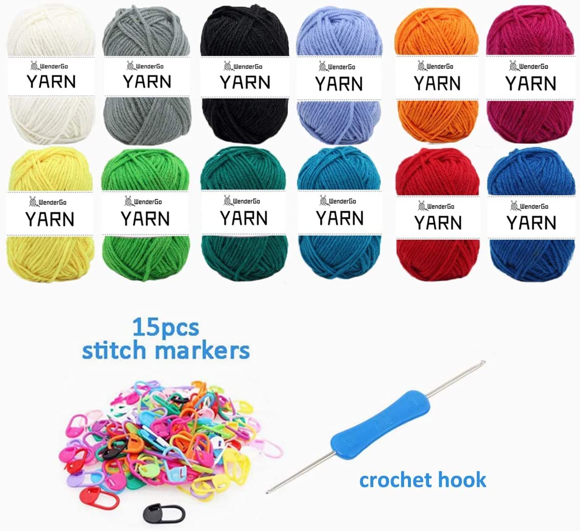 Wendergo 12X 50g Double Knitting Yarn 100% Acrylic Knitting Yarn Colourful DK Yarn with Crochet Hook & Stitch Markers - Perfect for Any Crochet and Knitting Mini Project