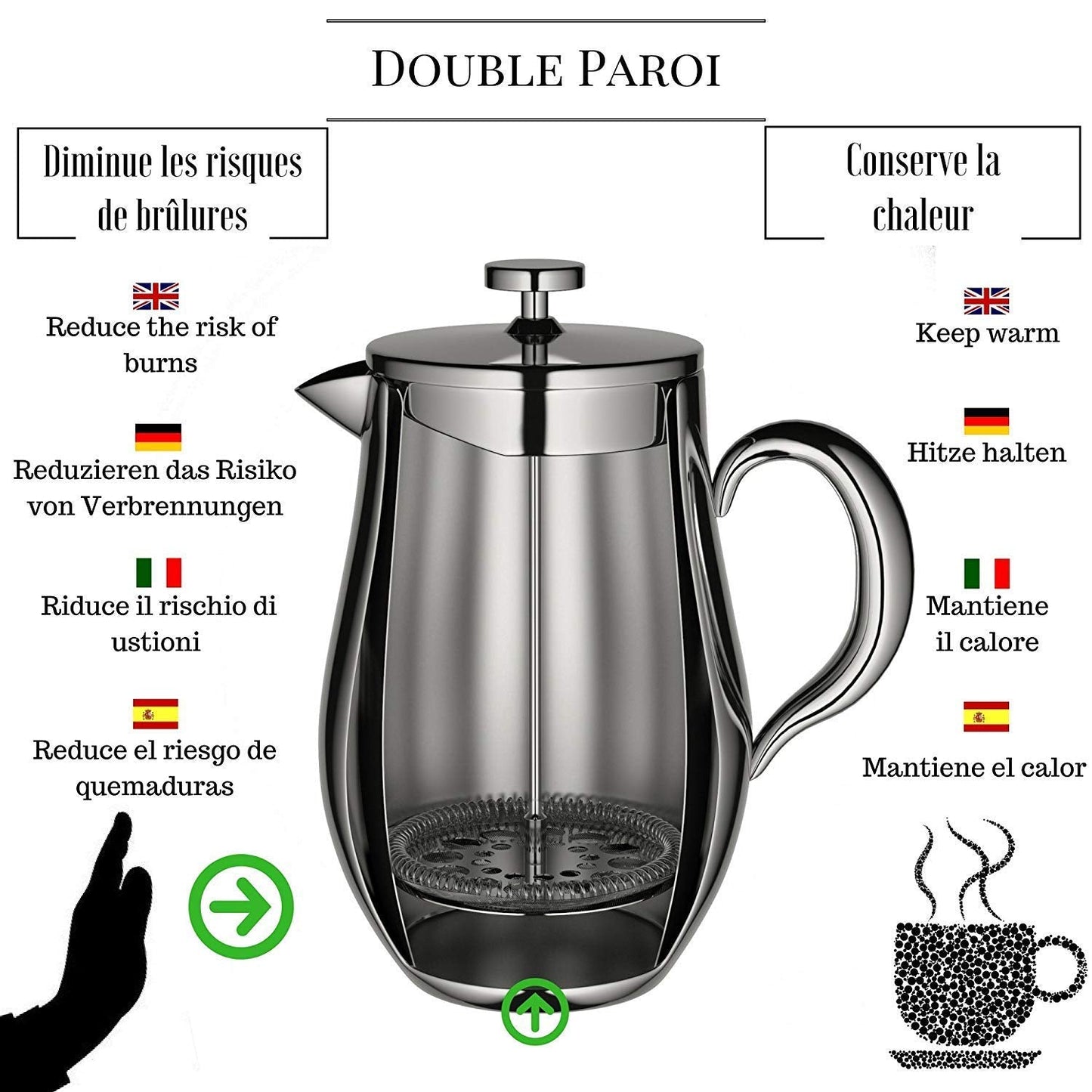 Cafetiere French Press Coffee Maker by VeoHome - Unbreakable and Keeps Coffee Hotter for a Long time Thanks to its Double Wall (1 Liter) 1 Liter