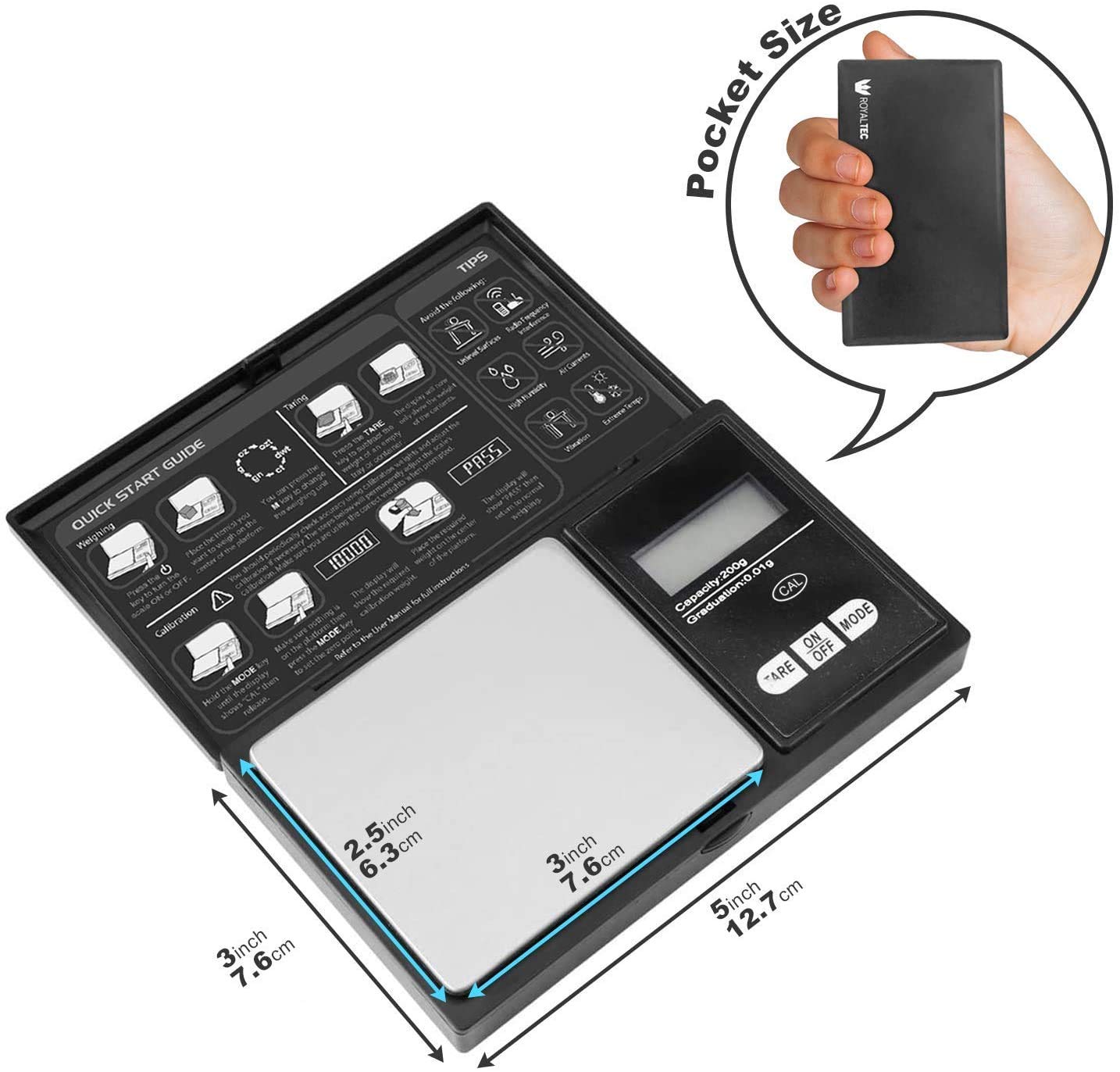 ROYALTEC Digital Pocket Scale - 200g x 0.01g - Black (Batteries Included)