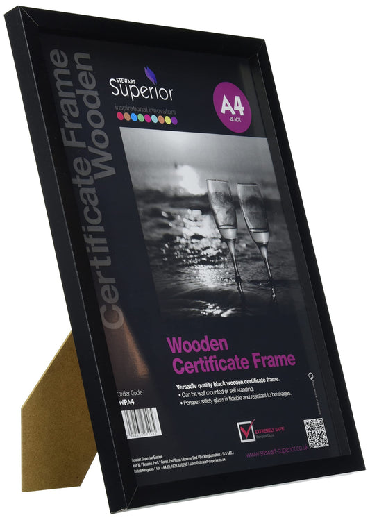 Stewart Superior A4 Wooden Certificate Frame with Perspex Safety Glass - Black A4 - Wooden/Black