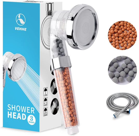 VEHHE Water Saving Shower Head with 1.5M Shower Hose, Ionic High Pressure 3 Modes Adjustable Shower Heads with Filter Beads, Power Shower Head to Increase Pressure clear shower head with hose