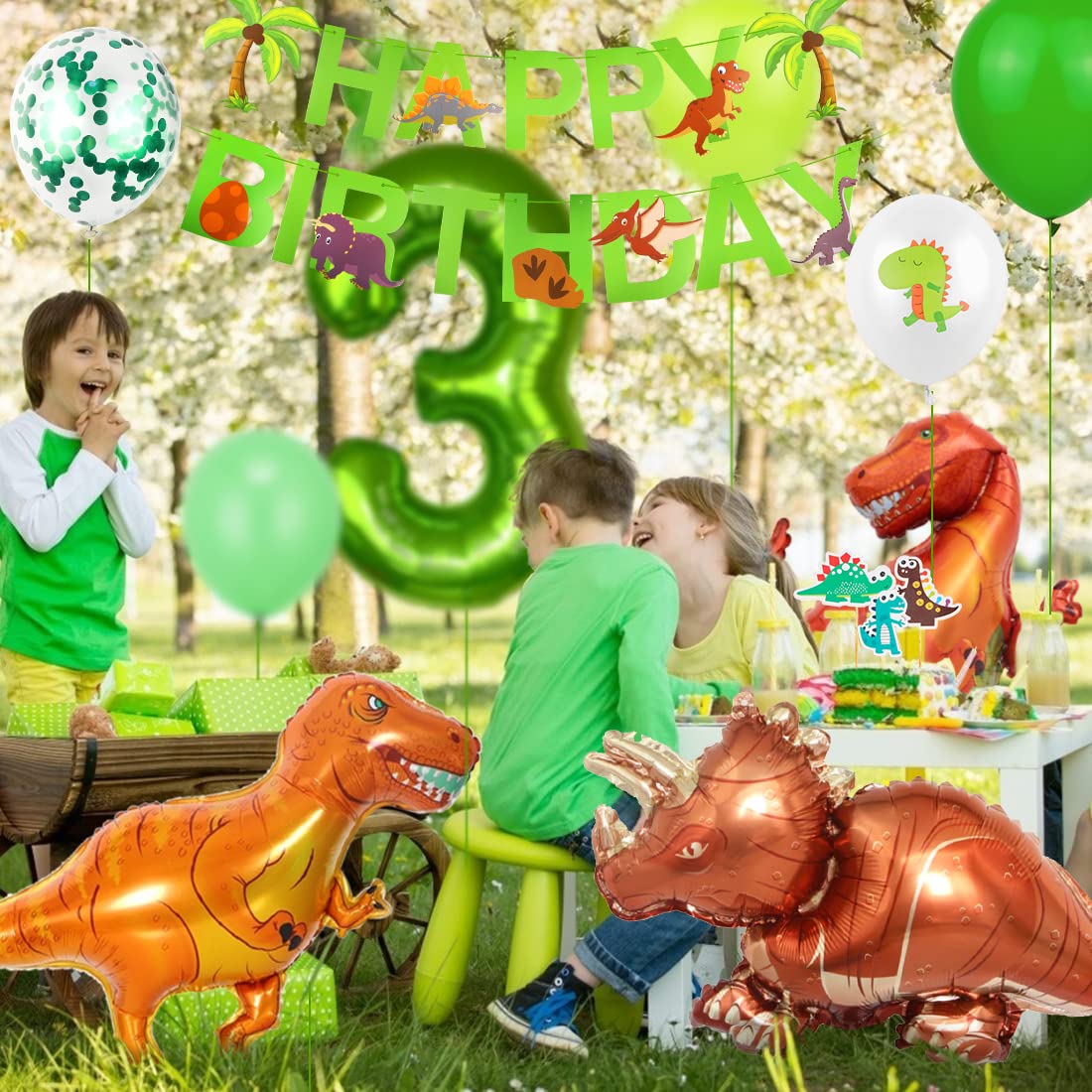 Dinosaur Birthday Party Decoration Set, Giant Dinosaur Foil Balloons, 3rd Birthday Balloons Set, 3rd Birthday Balloons Green for Dinosaur Party Decoration Jungle Party Boys Children Green-3