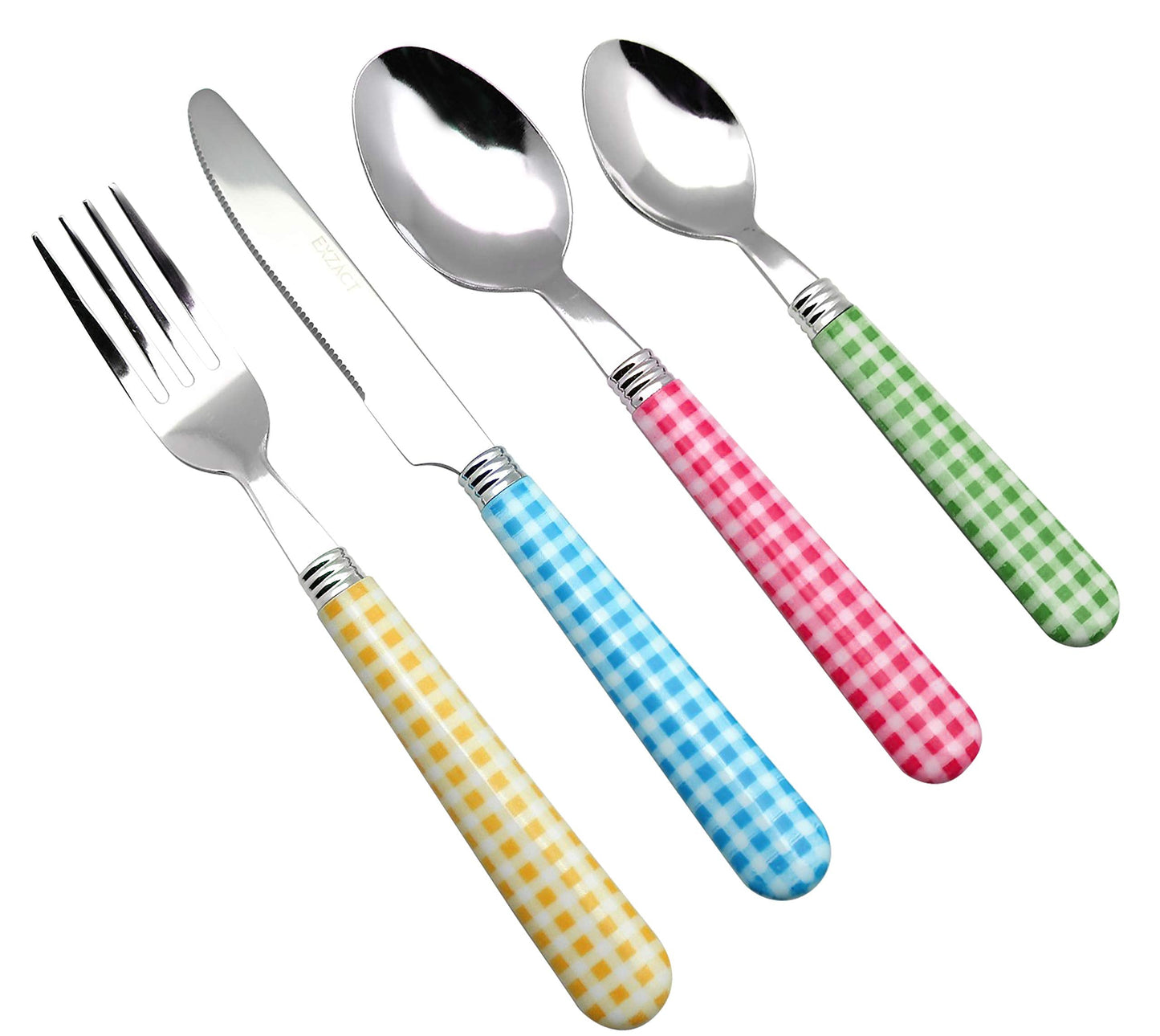 EXZACT Cutlery Set 24pcs Stainless Steel with Gingham Check Coloured Handles - 6 x Forks, 6 x Dinner Knives, 6 x Table Spoons, 6 x Tea Spoons (Mixed Color x 24 pcs) Mixed Color X 24 Pcs