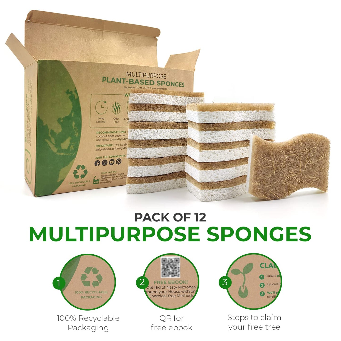 AIRNEX Biodegradable Eco Sponge - Cellulose and Coconut Husk Scourer Kitchen Sponges - Pack of 12 Eco Friendly Washing Up Sponges