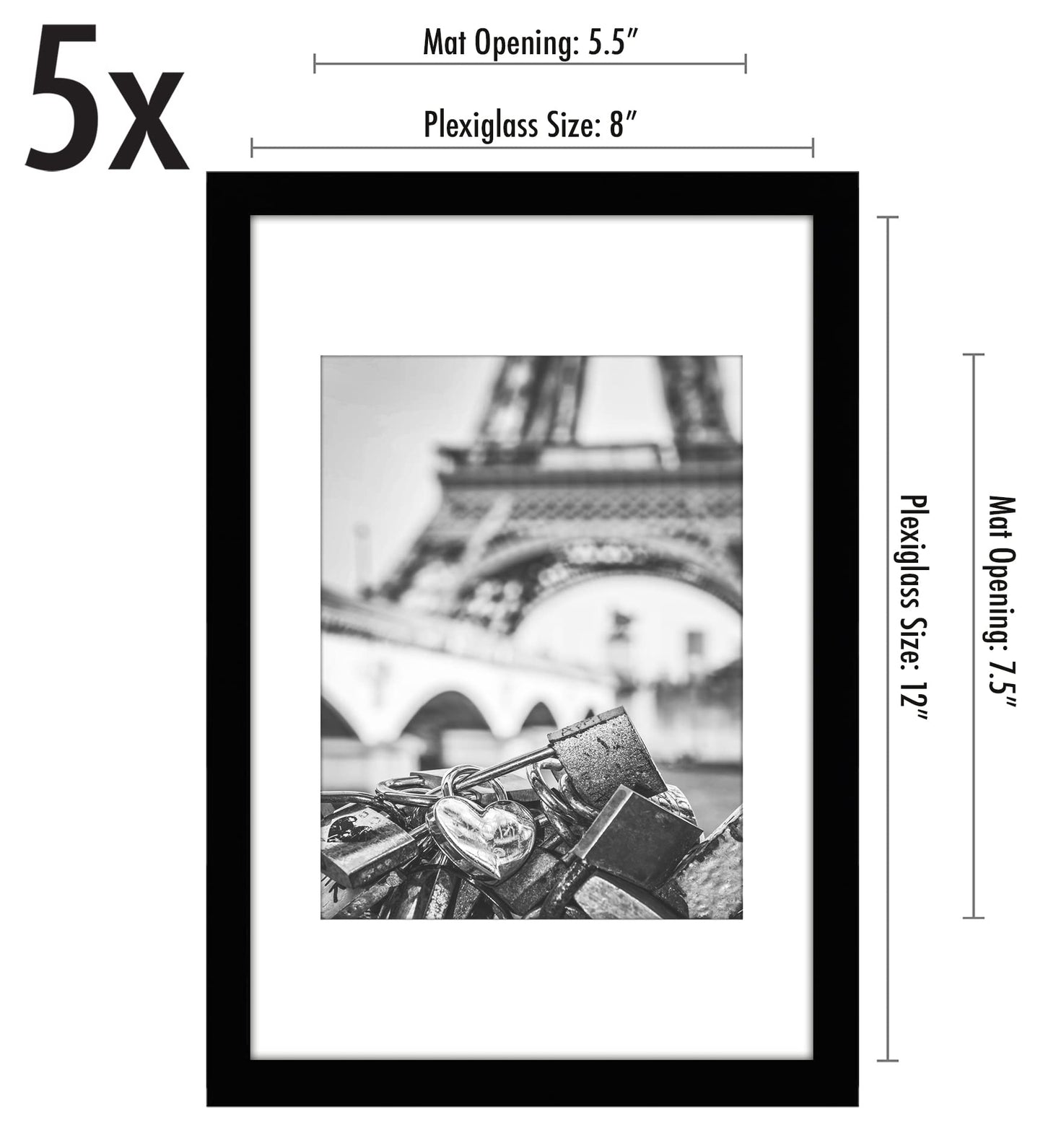 Americanflat 12x8 Photo Frame in Black - Set of 5 - Use as 6x8 Photo Frame with Mount or 8x12 Frame Without Mount - Plexiglass Cover and Hanging Hardware for Horizontal or Vertical Display LONDON