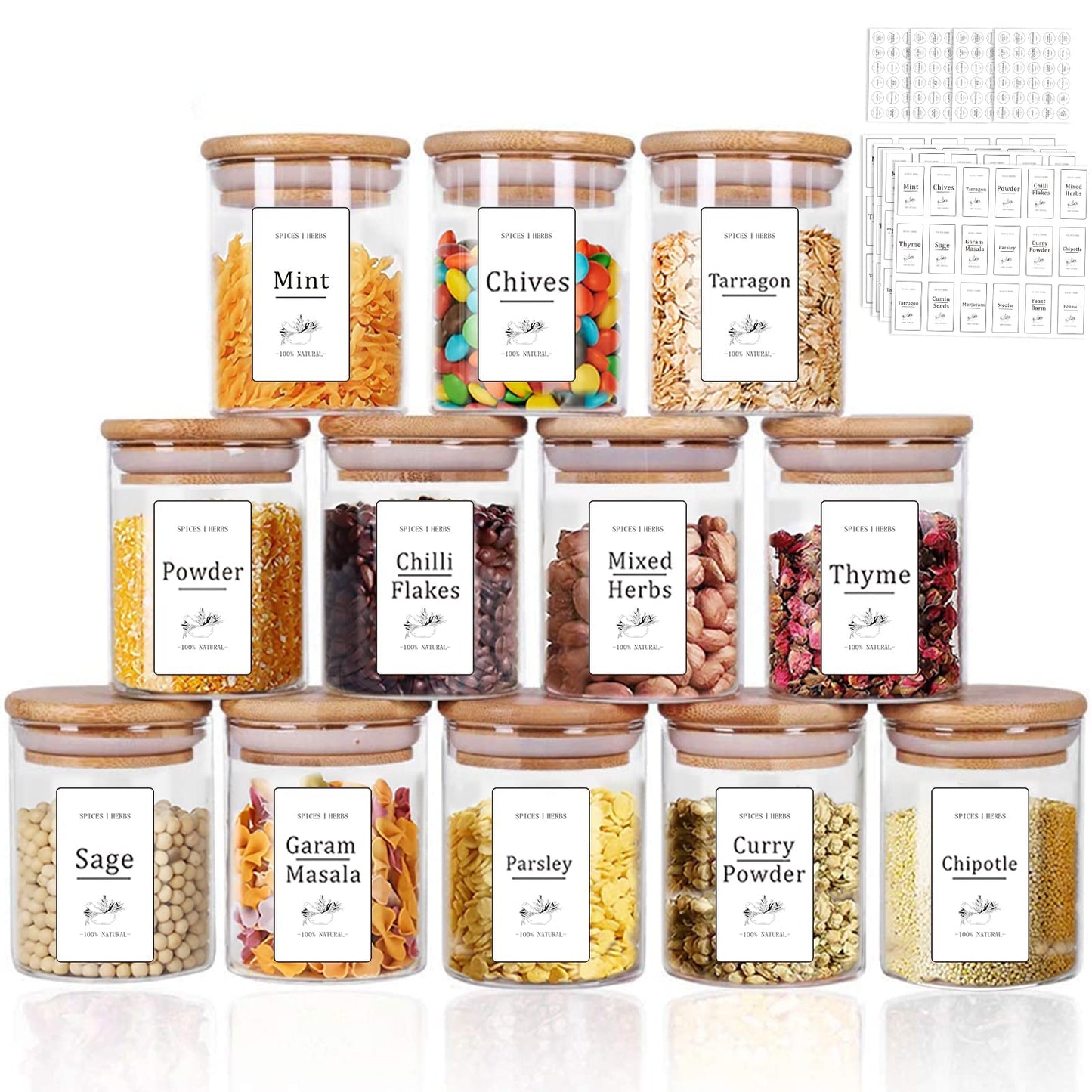 Yibaodan Glass Jars Set 330ml with 180 White Labels, 12 Set Spice Jars with Bamboo Lids Airtight Small Food Storage Canister for Home Kitchen Tea Herbs Coffee Flour Herbs Grains 12Pack with White Labels