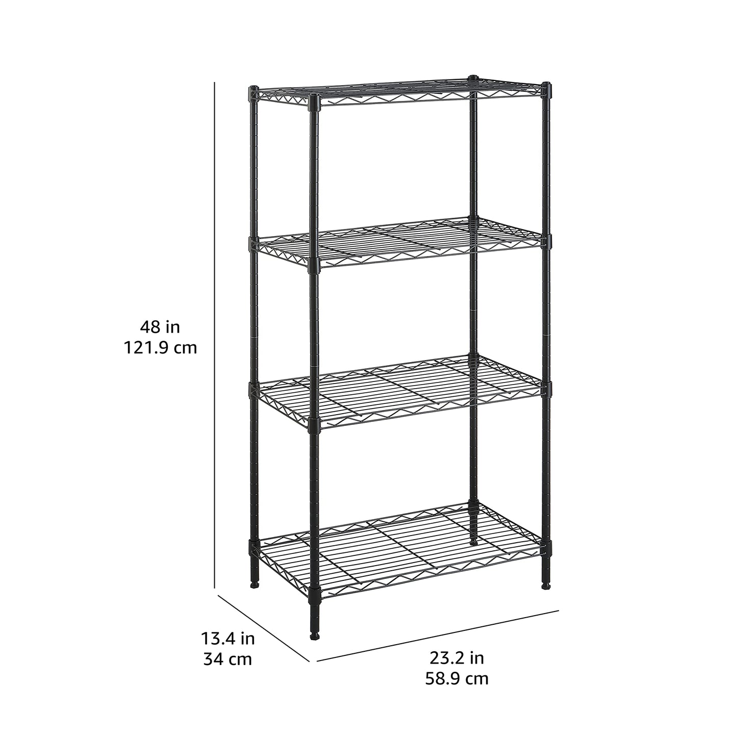 Amazon Basics 4-Shelf Narrow Storage Unit With Height Adjustable Shelves & Levelling Feet, 363kg Max Weight, Black, 34 cm D x 58.9 cm W x 121.9 cm H No Wheels