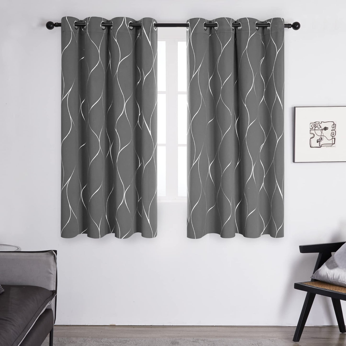 Deconovo Blackout Curtains, Thermal Insulated Curtains, Wave Line Foil Printed Ring Top Curtains for Girls Bedroom, 46 x 54 Inch(Width x Length), Light grey, 2 panels W46 x L54